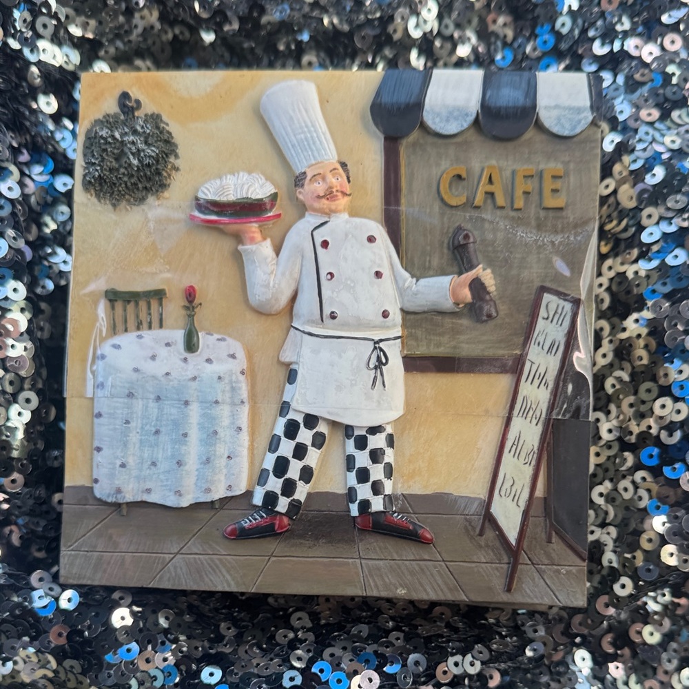 Italian chef cook Ceramic 3D set of 4 decorative wall plaque by Susan Riggsbee